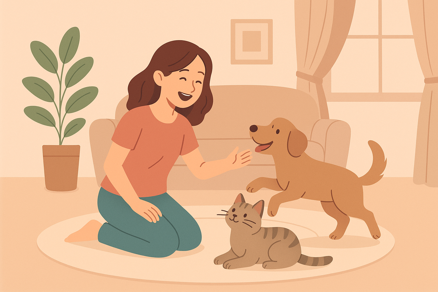 Moça brincando com seus pets em casa
