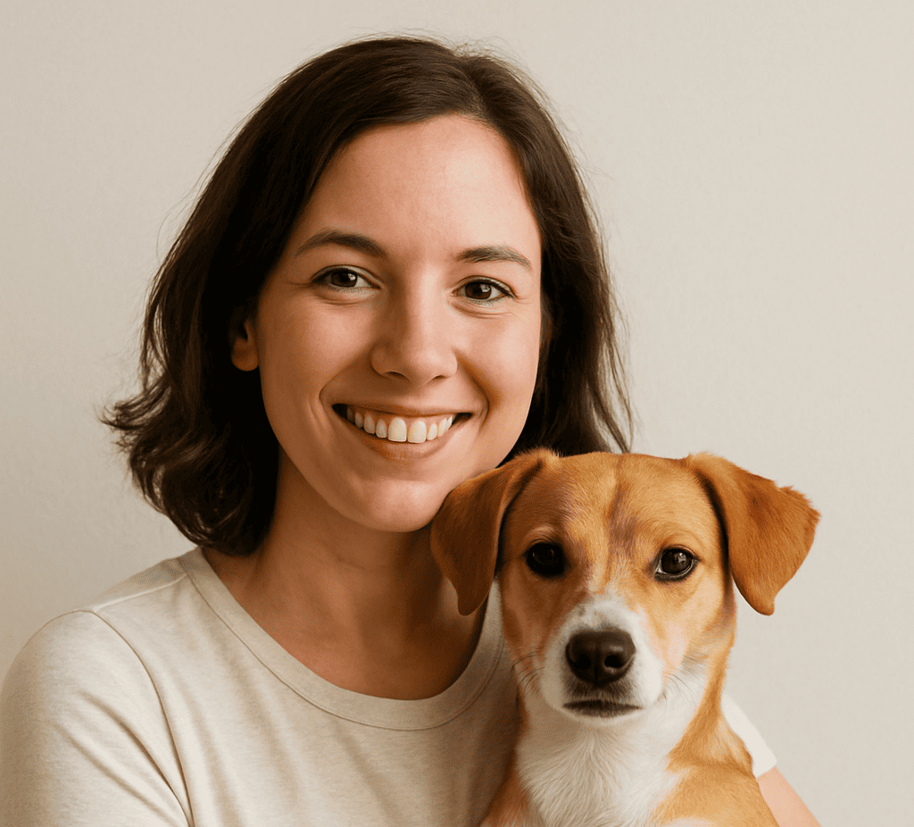 Mulher com o cachorro no colo