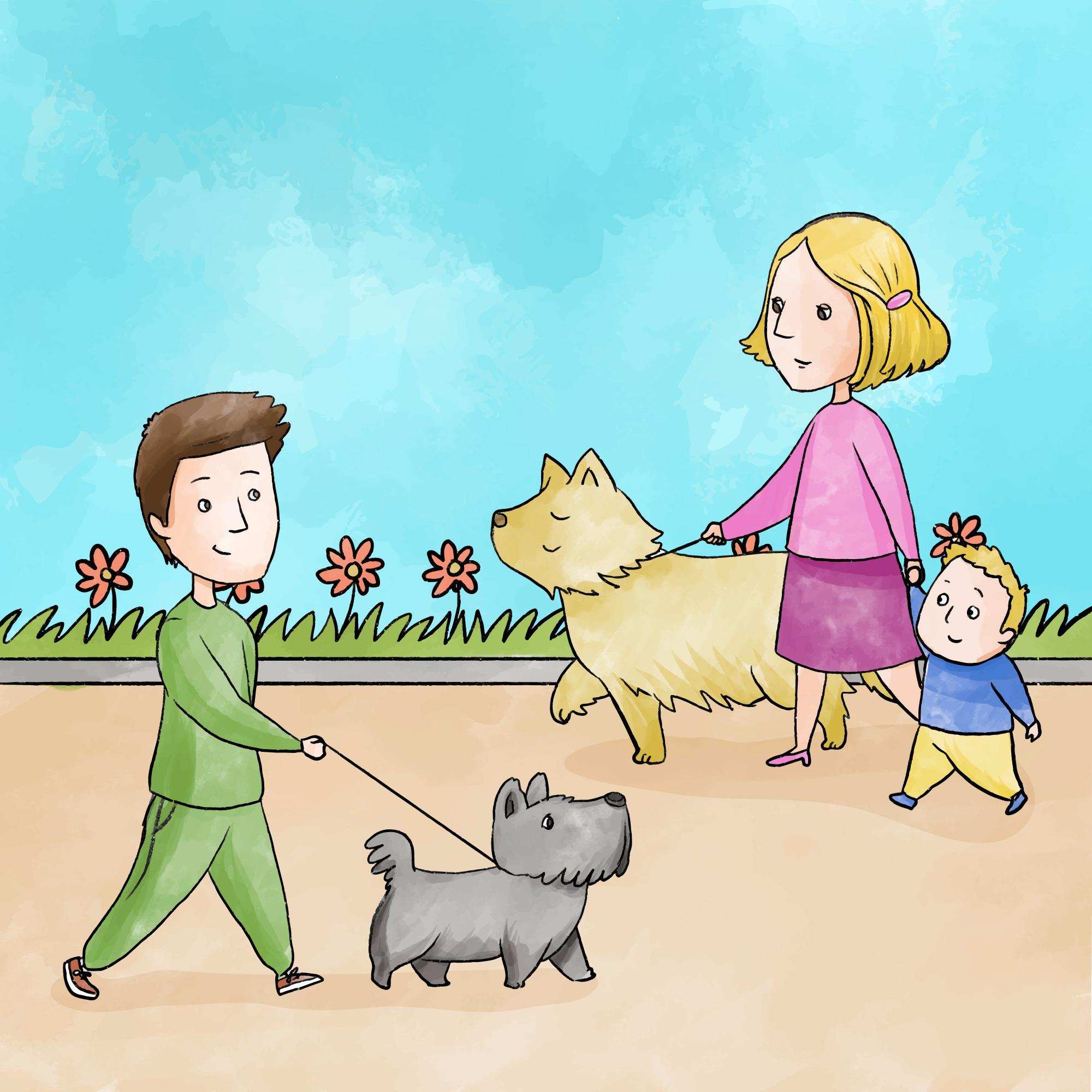 Pessoas passeando com o cachorro na rua